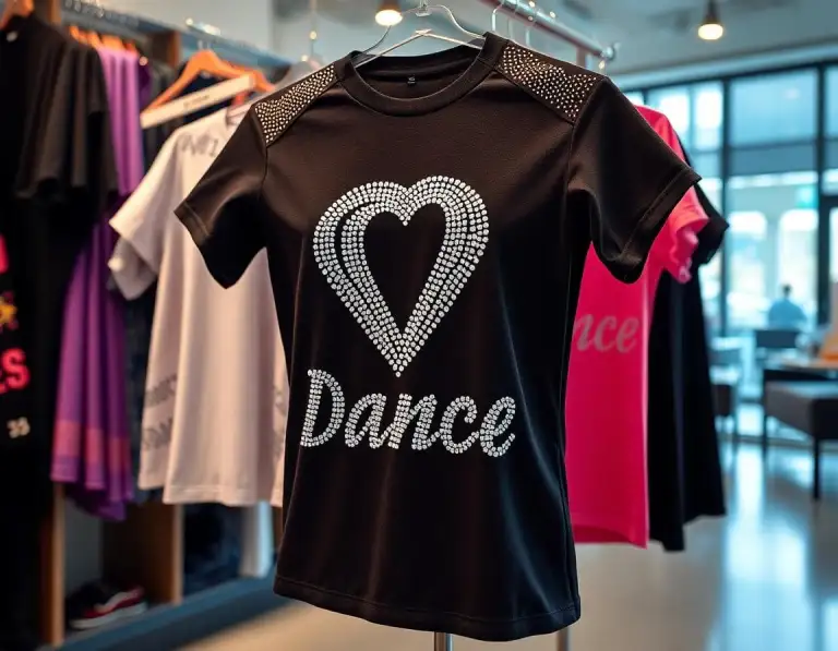 Black shirt with rhinestone heart and the word “Dance” hanging on a display rack in a retail shop