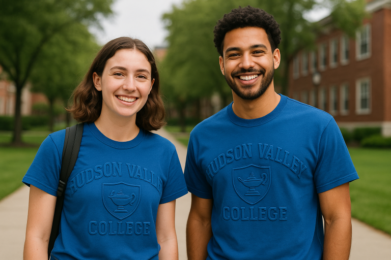 Two students smiling in royal blue embossed T-shirts with Hudson Valley College logo, standing on a college campus