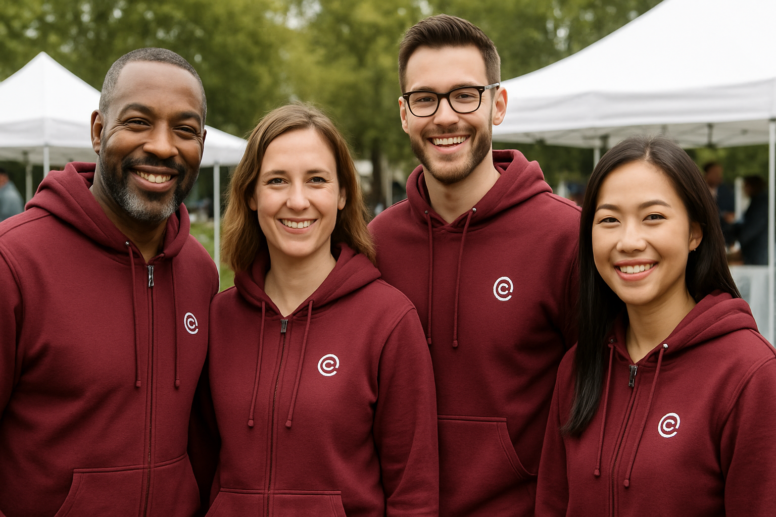 Employees at an outdoor company event wearing matching maroon hoodies with embroidered left-chest logos, standing in front of tents and trees.