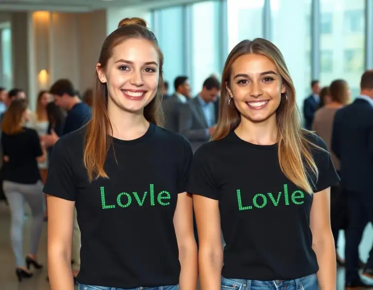 Two women wearing black t-shirts with green rhinestone lettering standing at a corporate networking event