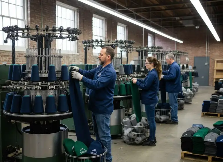 Workers operate circular knitting machines producing cuffed beanies with logo patches in a brick-walled factory.