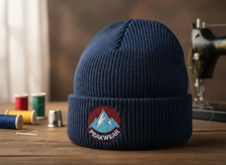 Navy cuffed knit beanie with embroidered Peakwear mountain logo on a table with thread spools, thimble, and sewing machine.