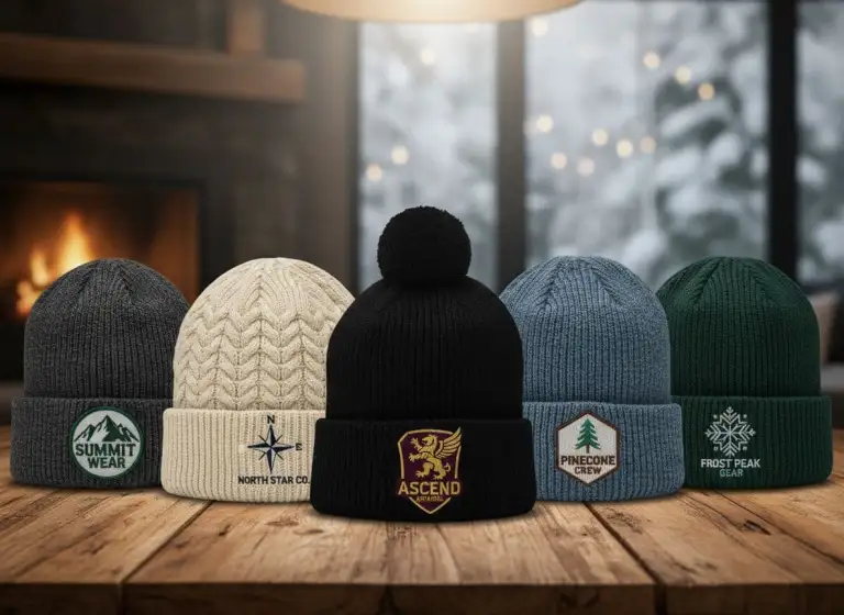 Five cuffed knit beanies with embroidered logos in assorted colors displayed on a wooden table in a cozy winter setting.
