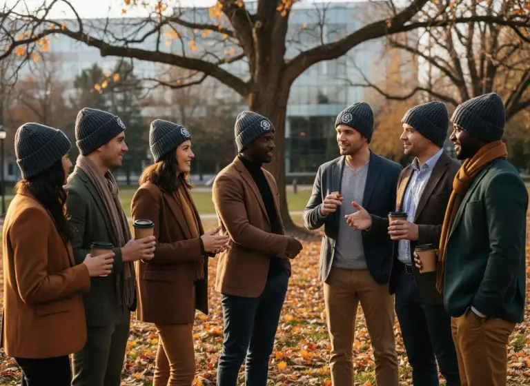 Group of coworkers in fall coats wearing gray cuffed knit hats with embroidered logo, chatting in a park with coffee.