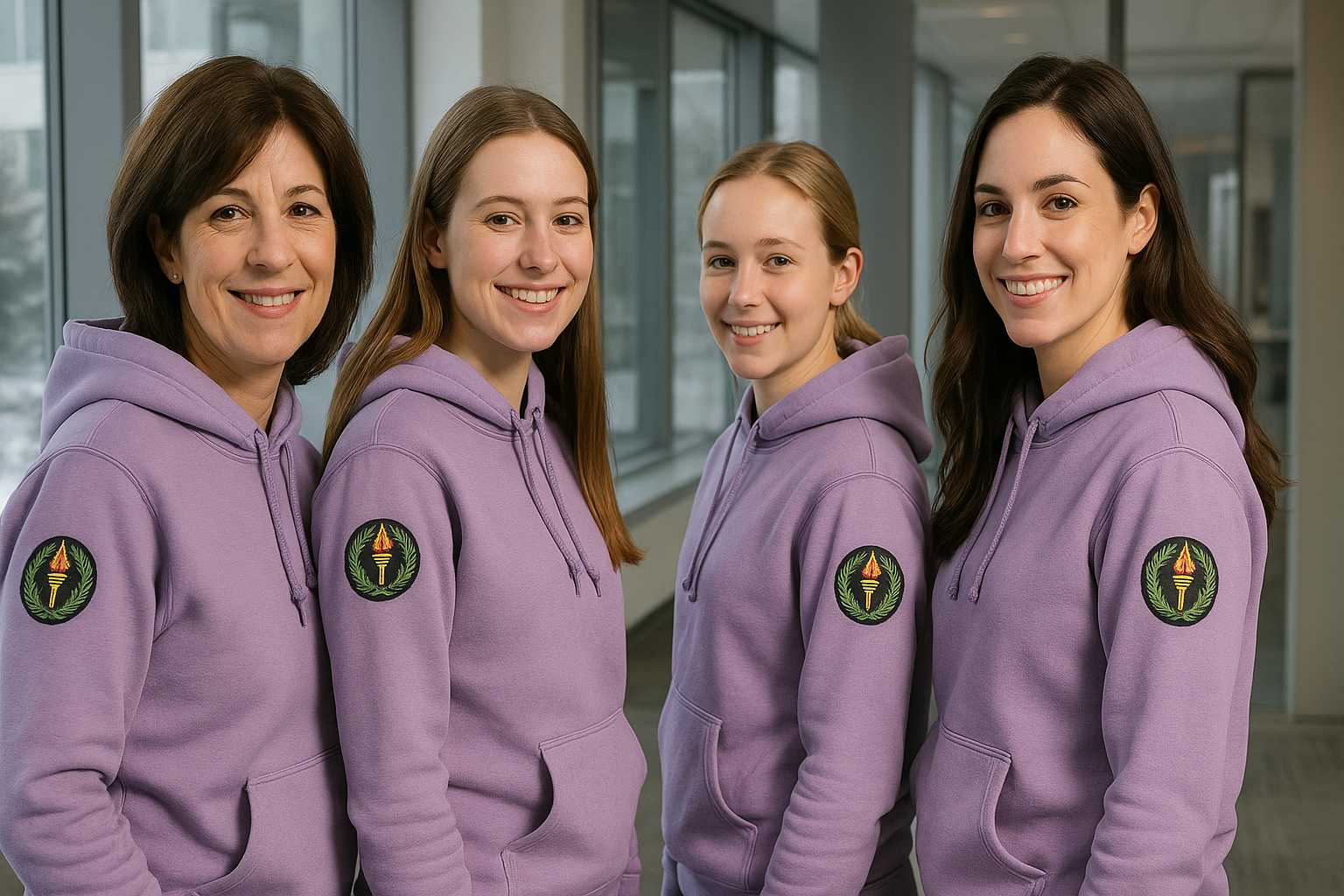Four women wearing light purple hoodies with embroidered patches on the left shoulder, standing in an office hallway with winter snow visible through large windows.
