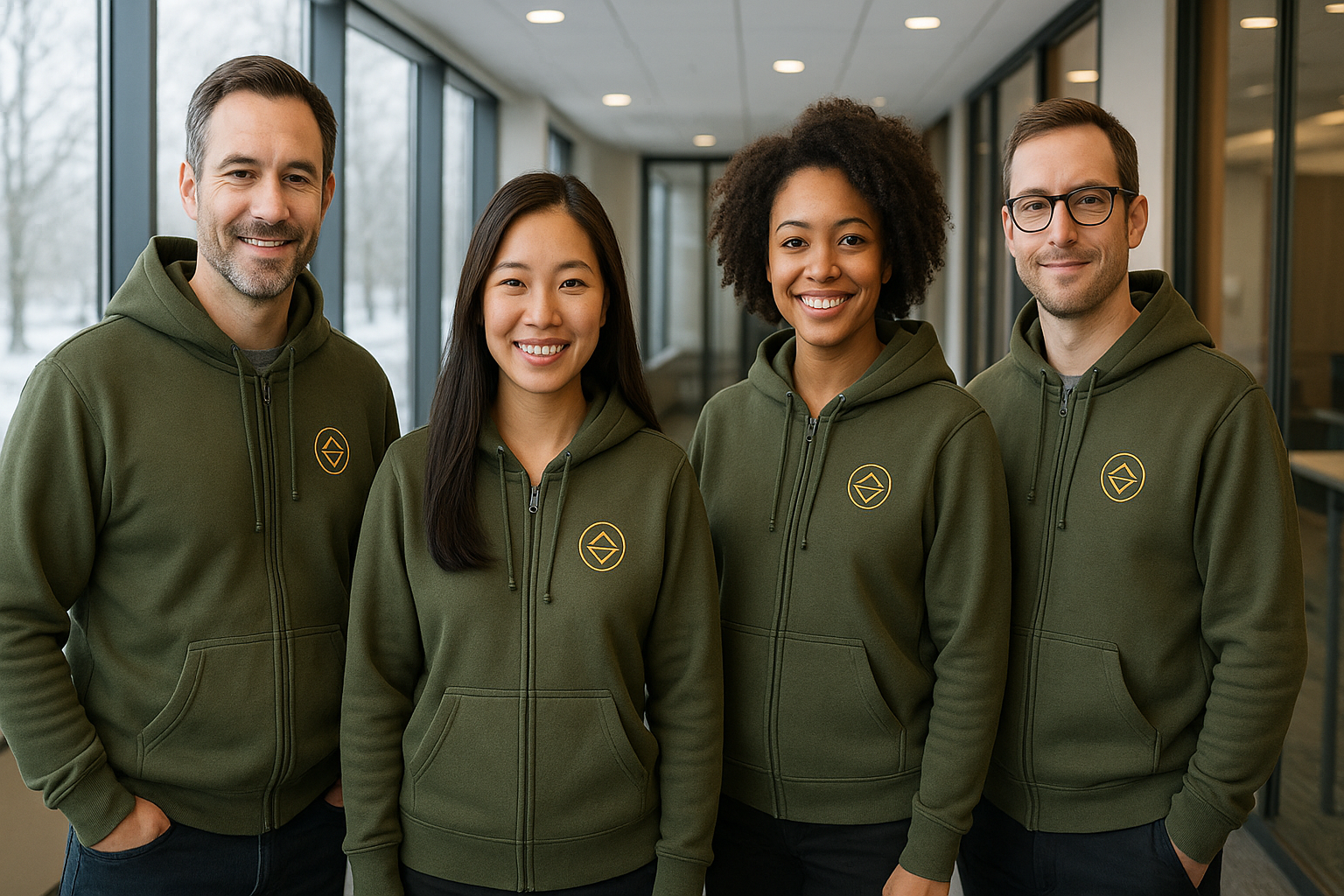 A group of four men and women wearing olive zip-up hoodies with embroidered logos on the left chest, standing in a bright office hallway with snow visible through large windows.