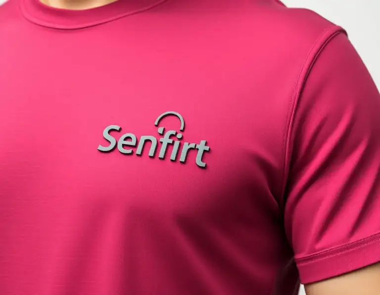 Person wearing a bright pink t-shirt with a small raised Senfirt logo on the left side of the chest.