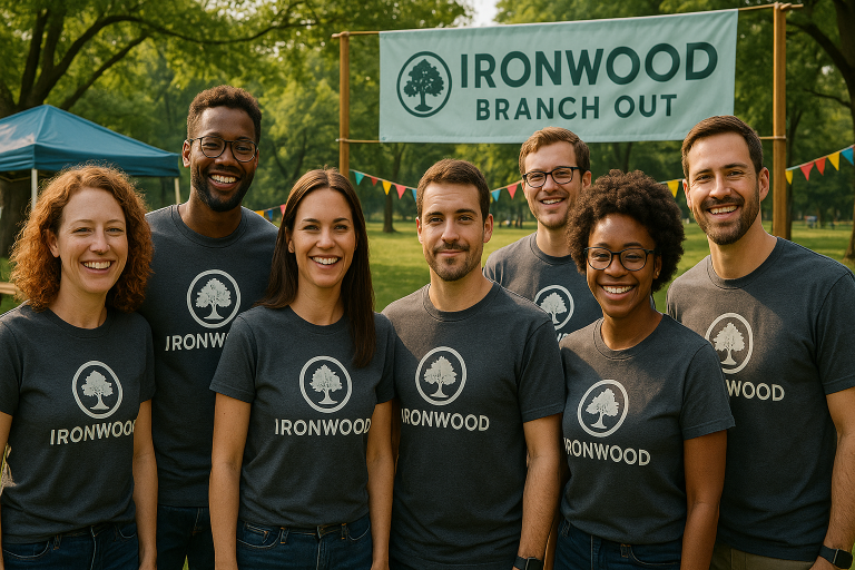 Group of smiling coworkers wearing matching Summit Threads Co. branded t-shirts during an outdoor company event with trees, picnic tables, and banners in the background.