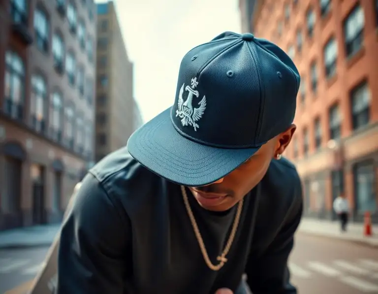 Man in streetwear looking down while wearing a navy snapback with a white embroidered crest logo.