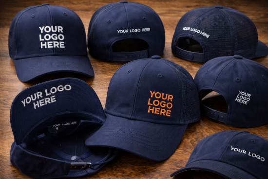Baseball caps showing embroidery on front, side, back, under bill, and off center positions.