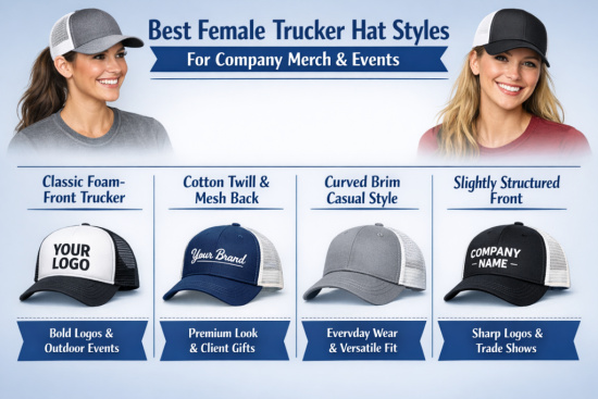 A visual comparison of popular women’s trucker hat styles, including foam-front, cotton twill with mesh back, curved brim casual fits, and lightly structured fronts, designed for comfort, repeat wear, and branded merchandise programs.