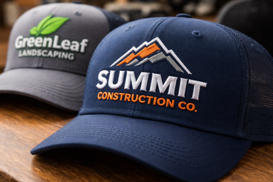 Close up embroidery of a company logo and business name stitched on custom baseball caps.