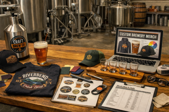 A realistic brewery workspace showing custom branded apparel, drinkware, and promotional items laid out for brewery merchandise planning alongside brewing equipment.
