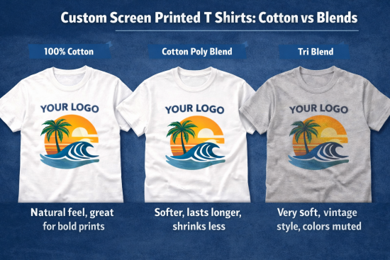 Custom screen printed t shirts comparing 100 percent cotton, cotton poly blend, and tri blend fabrics to show differences in print vibrancy and texture.