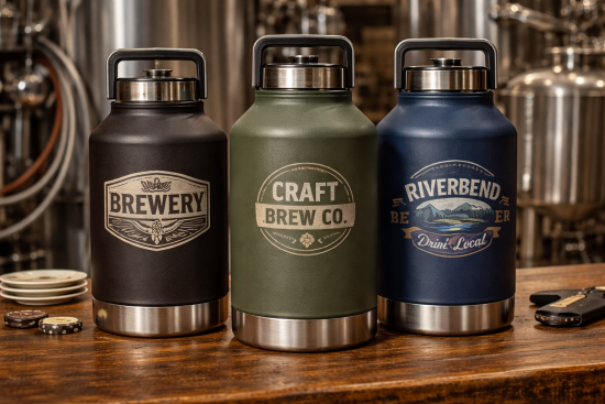 Engraved powder coated beer growler tumblers with brewery logos revealing silver aluminum beneath the coating