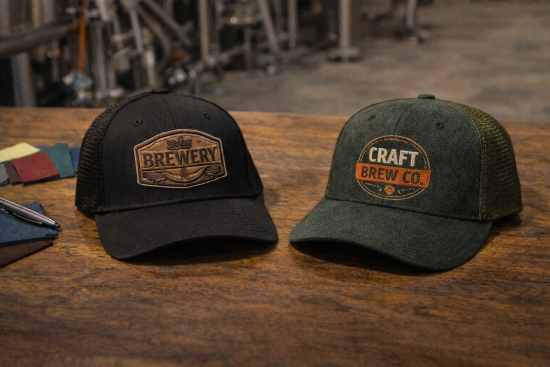 Microbrewery baseball caps with embroidered brewery logos on the front, showing structured fit and clean stitch detail