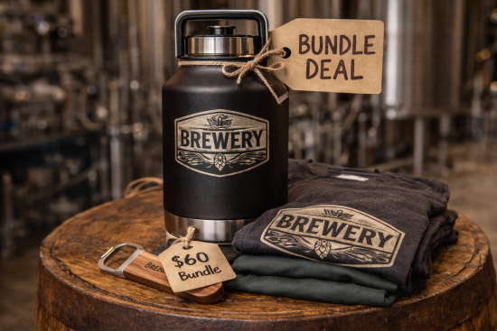 Microbrewery merchandise bundle with engraved tumbler printed t shirt and engraved bottle opener displayed together