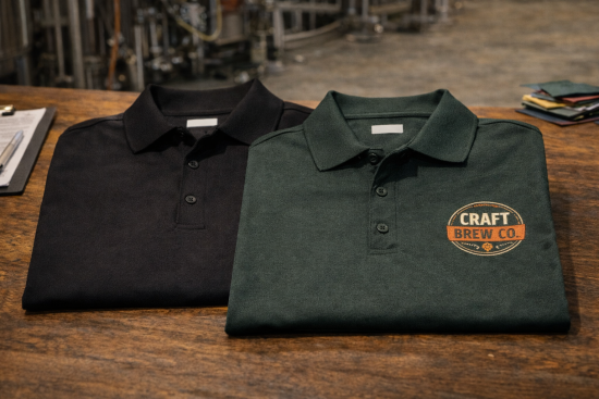 Microbrewery polo shirts with left chest embroidered brewery logo on folded polos inside a brewery