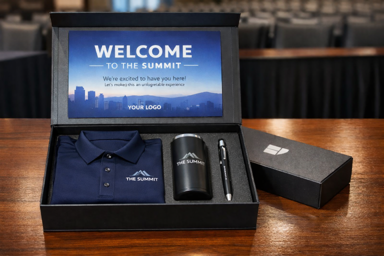 Premium event welcome kit with custom embroidered polo, engraved tumbler, and engraved pen inside a branded presentation box