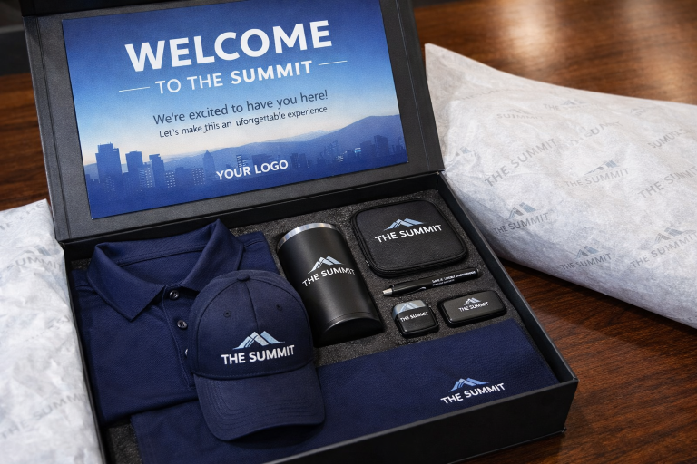Close-up of branded insert card, tissue wrap, and organized layout inside a premium event welcome kit