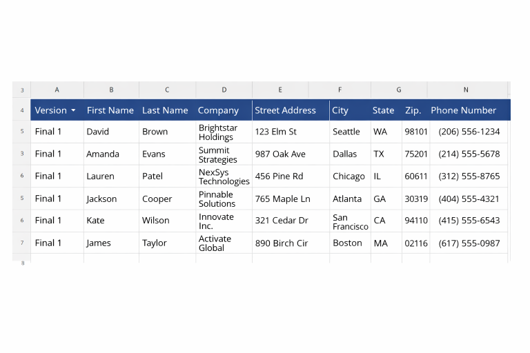 Address list spreadsheet with version column and standardized fields for event welcome kit shipping