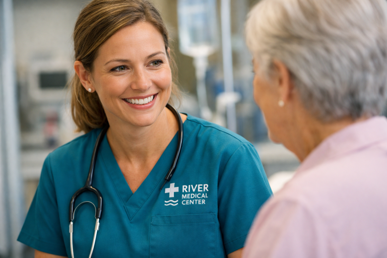 Nurse in embroidered scrubs with logo talking to a patient