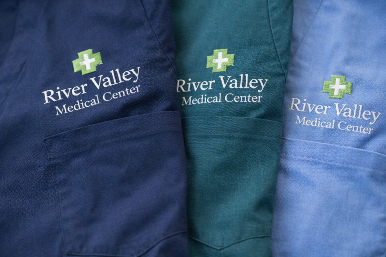 Embroidery is stitched into the fabric so logos stay clear and durable through repeated wear and laundering.