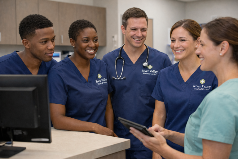 Team of nurses and medical assistants in embroidered scrub tops with visible logos