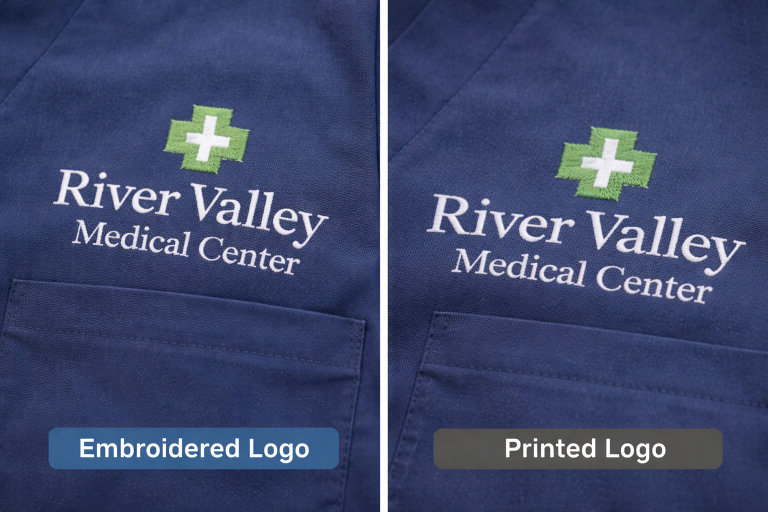Comparison of embroidered and printed scrub logos showing durability differences