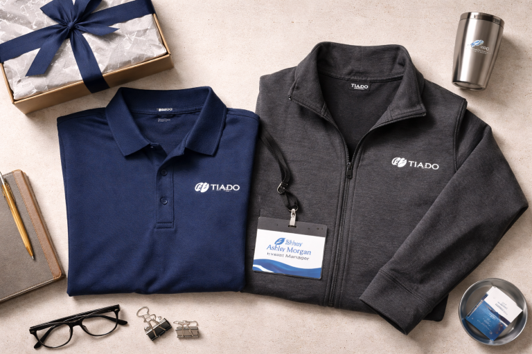 Flat lay of premium corporate event kit including embroidered polo shirt, branded jacket, and personalized name card on neutral background.