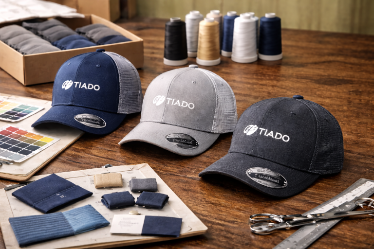 Landscape image of premium embroidered baseball hats in navy gray and charcoal with clean white logo stitching on wooden table.