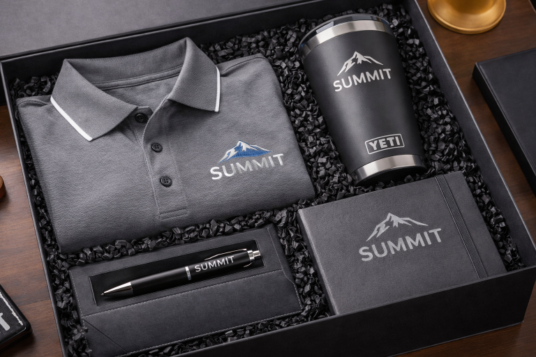 VIP event welcome box with embroidered polo shirt, engraved YETI tumbler, custom notebook, and engraved pen arranged in a luxury gift box