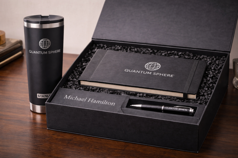VIP event welcome box with personalized Stanley tumbler, custom notebook, engraved pen, and attendee name displayed on luxury gift box