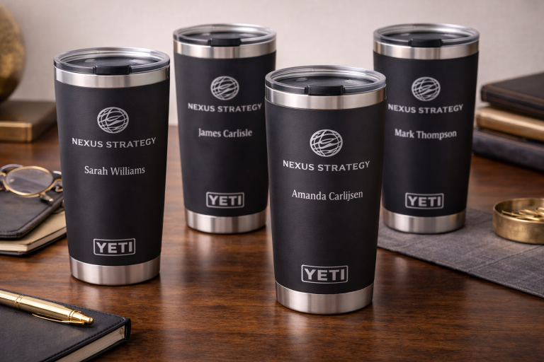 Engraved YETI tumblers with company logo and personalized customer names displayed in a luxury corporate setting
