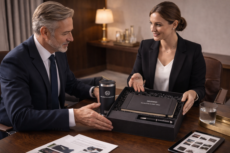 VIP welcome box consultation showing a specialist presenting a luxury gift box to an executive buyer in a white-glove service environment