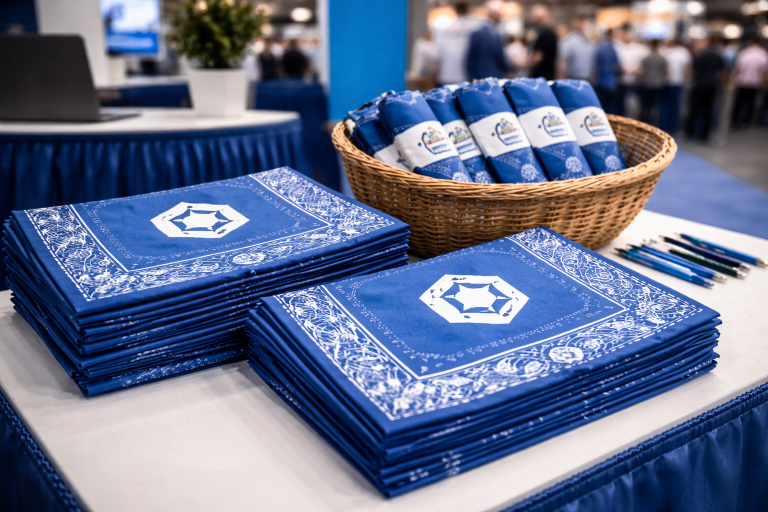 Stacked custom logo bandanas in a single color displayed on a table at a technology tradeshow as a branded promotional giveaway.