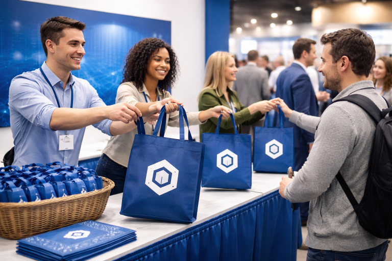 Trade show staff handing out branded tote bags to attendees walking past a booth during a busy exhibition.