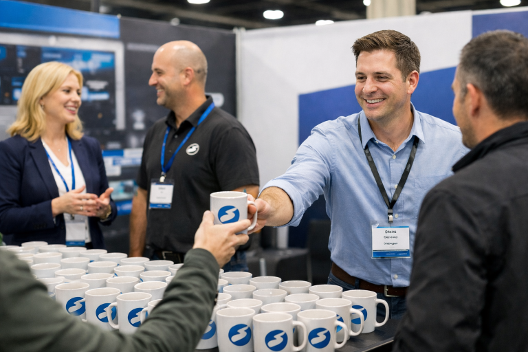 Trade show booth staff handing a branded logo coffee mug to an attendee with matching mugs displayed on the table.