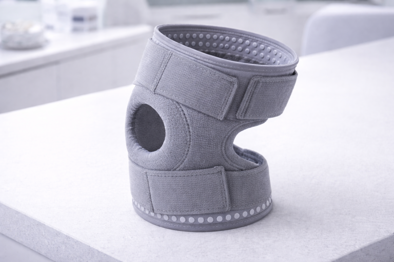 Medical knee brace with silicone gripper dots on the inside for non-slip support
