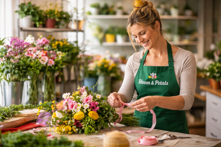Florist working in a flower shop wearing a custom apron used for daily business tasks