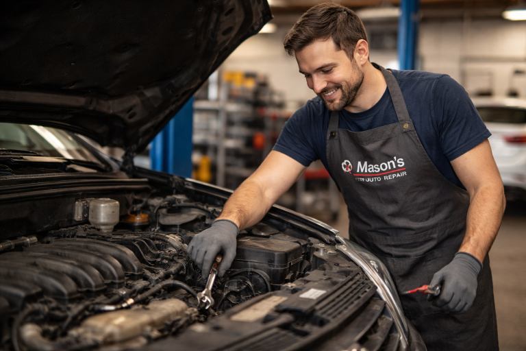 Auto repair technician working on a vehicle while wearing a custom apron used for daily shop operations