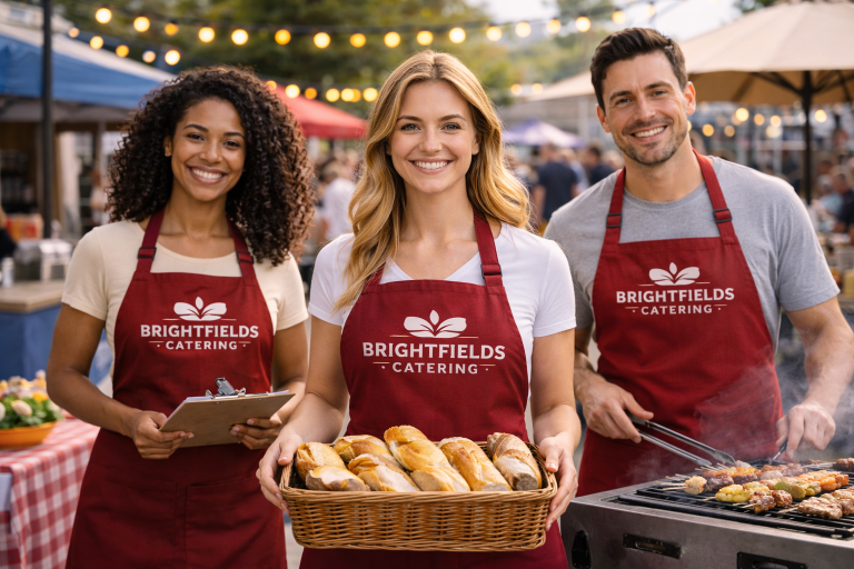 Event staff wearing matching custom aprons with the same logo and color for clear identification and brand visibility at a live event.