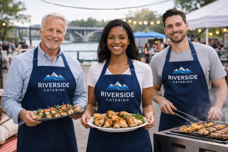 Catering staff wearing matching custom aprons with a consistent logo at a waterfront event for clear staff identification.