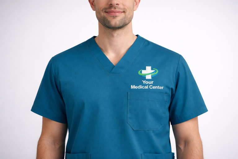 Front view of medical scrubs showing correct left chest logo placement for clear identification