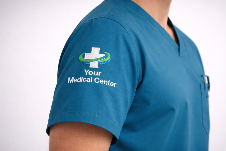 Medical scrub top showing logo embroidered on the sleeve.