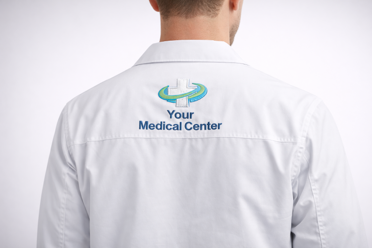 Rear view of a medical jacket with a branded logo across the upper back yoke.