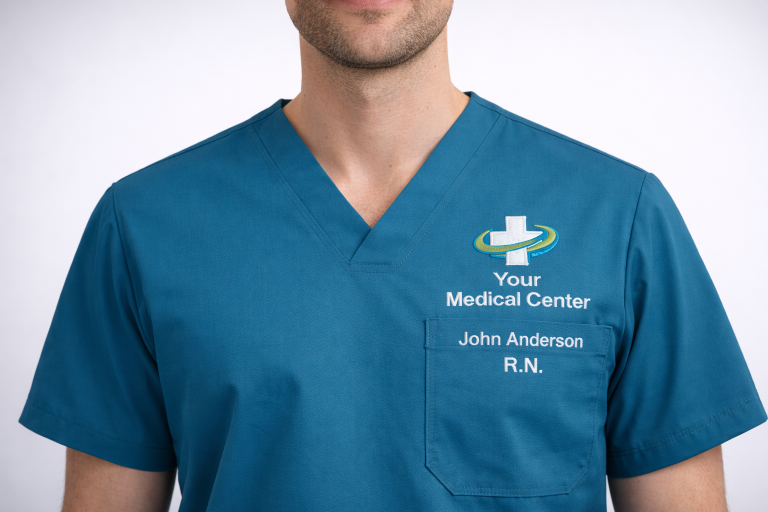 Medical scrub top with embroidered logo, name, and credentials placed according to branding standards.