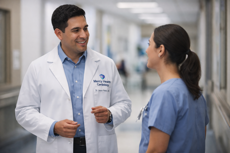 Doctor and nurse in hospital hallway wearing custom lab coats with embroidered logos on left chest