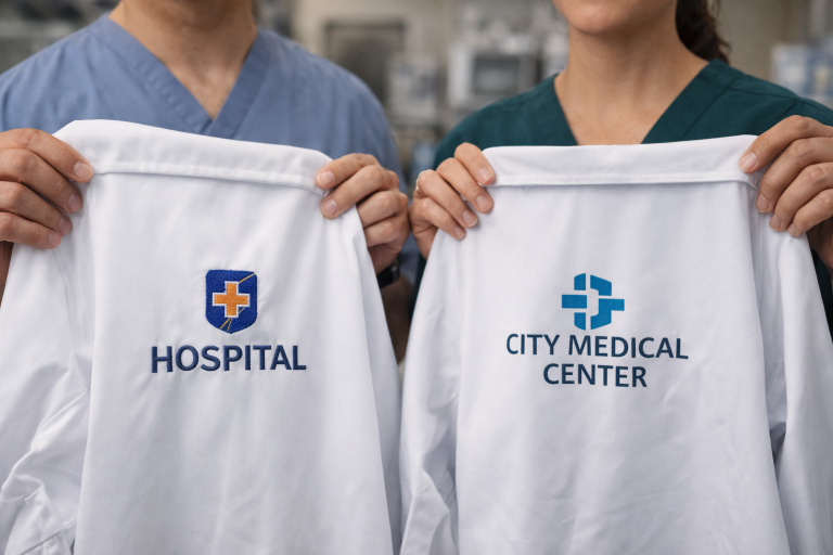 Healthcare professionals holding lab coats showing embroidered logo versus printed logo detail