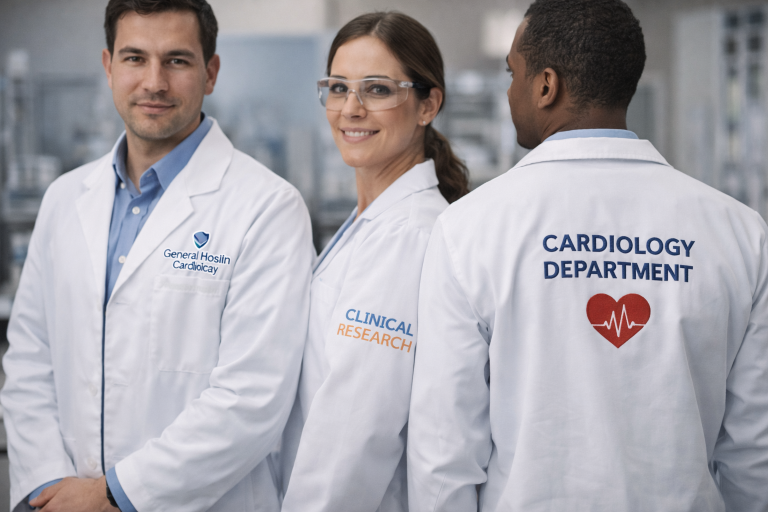 Healthcare team showing custom lab coats with logo on left chest, sleeve, and back placements